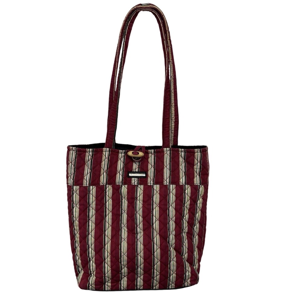 Longaberger Quilted Tote Bag Womens Medium Burgundy Striped Toggle Shoulder Bag